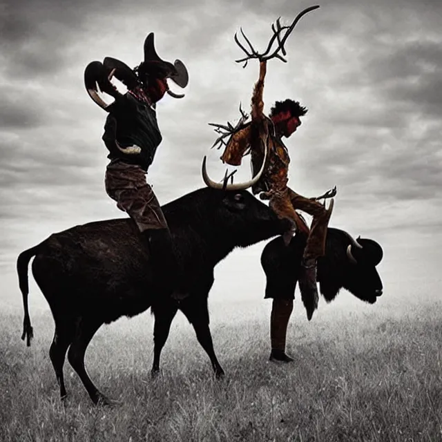 Prompt: incredible modern evocative artwork of buffalo hunters, buffalo midnight in the style of tim walker fashion photography, buffalos hunting hunters