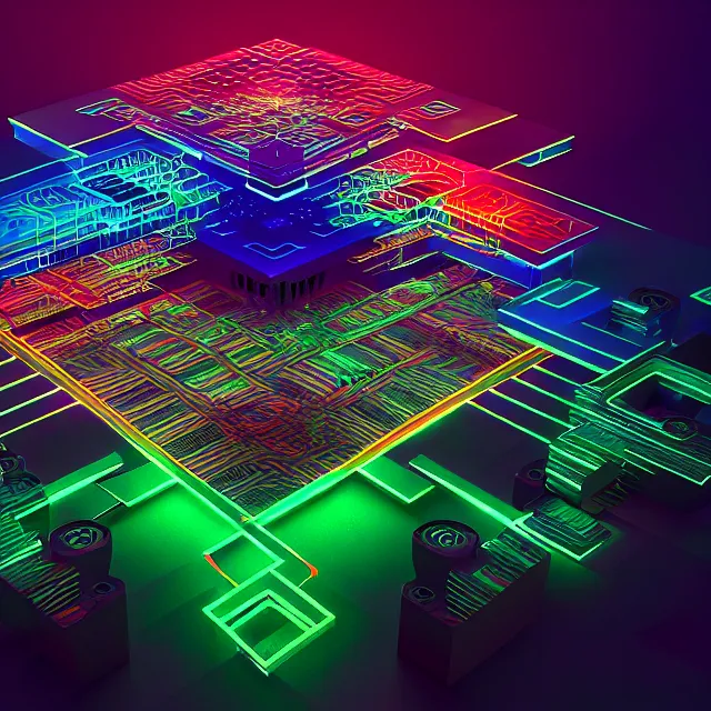 Image similar to beautiful 3 d render of futuristic circuit blocks connected, centered, symmetry, painted, intricate, volumetric lighting, beautiful, rich deep colors masterpiece, sharp focus, ultra detailed, in the style of dan mumford and marc simonetti