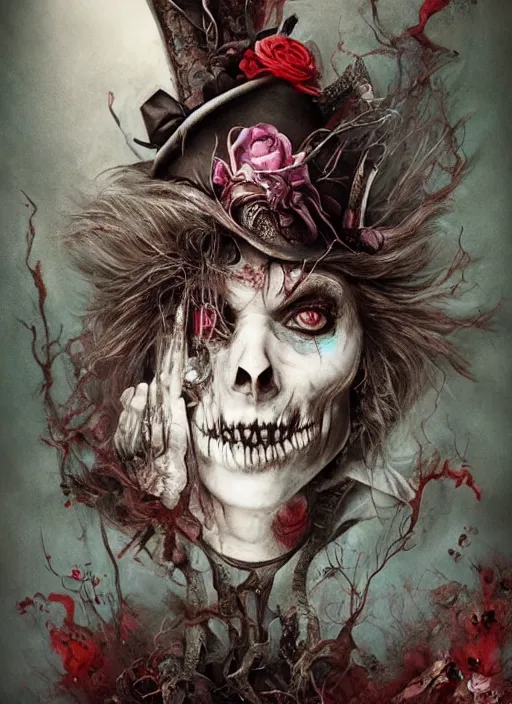 Prompt: Alice in Wonderland Mad Hatter Death Tarot card,highly detailed,half skull face,cinematic,8k,by Stanley Artgermm,Tom Bagshaw,Greg Rutkowski,Carne Griffiths, Ayami Kojima, Beksinski, Giger,Anne Stokes, Benjamin Lacombe, Naoto Hattori,trending on DeviantArt,hyper detailed,horror, full of colour