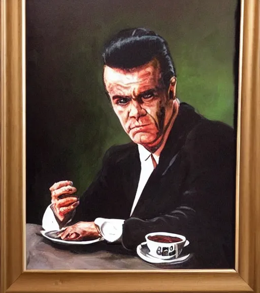 Image similar to framed portrait painting of paulie walnuts sitting at a mafia table