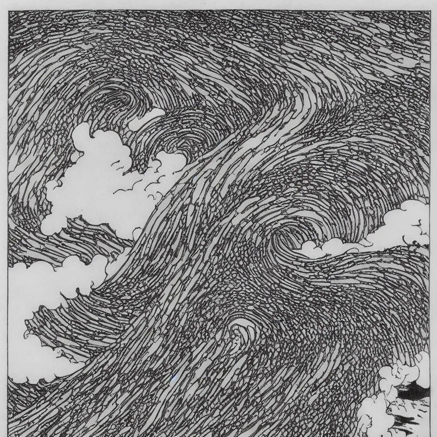 Image similar to japanese black and white lineart of an erupting volcano, hokusai style