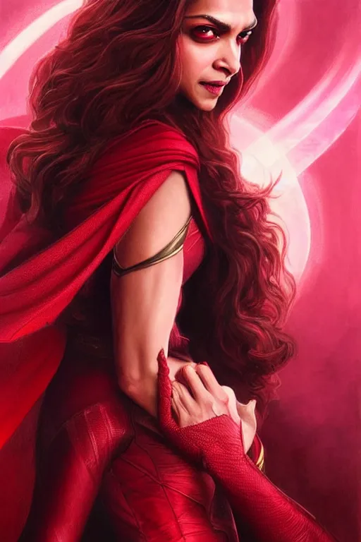 Prompt: Deepika Padukone as Scarlet Witch, Scarlet Witch costume, Deepika Padukone Face, villany, portrait, masculine figure, highly detailed, digital painting, artstation, concept art, smooth, sharp focus, illustration, cinematic lighting, art by artgerm and greg rutkowski and alphonse mucha