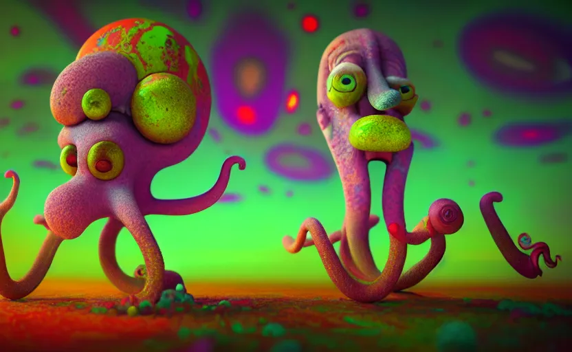 Prompt: squidward taking an acid trip, digital painting, octane render, psychedelic, intricate detail, highly detailed