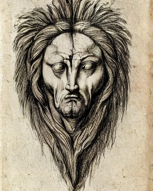 Prompt: a creature with four faces in one, human face, eagle beak, lion mane, two horns on the head, drawn by da vinci. symmetrical