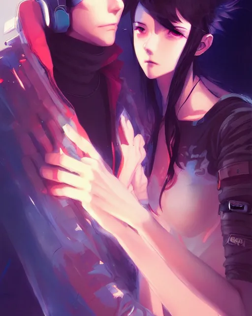 Image similar to young cyberpunk couple falling out of love, portrait shinkai makoto studio ghibli studio key hideaki anno sakimichan stanley artgerm lau rossdraws james jean marc simonetti elegant highly detailed digital painting artstation pixiv