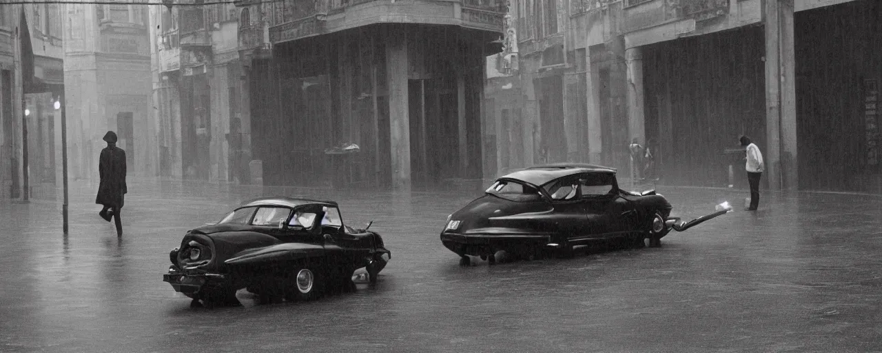 Image similar to A mysterious figure at a black 1955 Citroen DS 19 with the headlights on, smoking a cigarette, parked on the side of the road in the city of Rome while it is raining, by George Tooker, moody, sinister, lighting, hyperrealistic