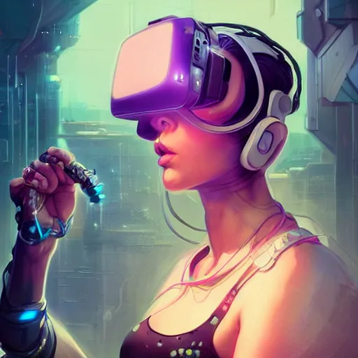 Image similar to portrait of a beautiful cybernetic punk girl wearing a oculus rift headset, cyberpunk concept art by pete mohrbacher and artgerm and wlop and deathburger and syd mead, digital art, highly detailed, intricate, sci-fi, neon colors, sharp focus, Trending on Artstation HQ, deviantart, unreal engine 5, 4K UHD image