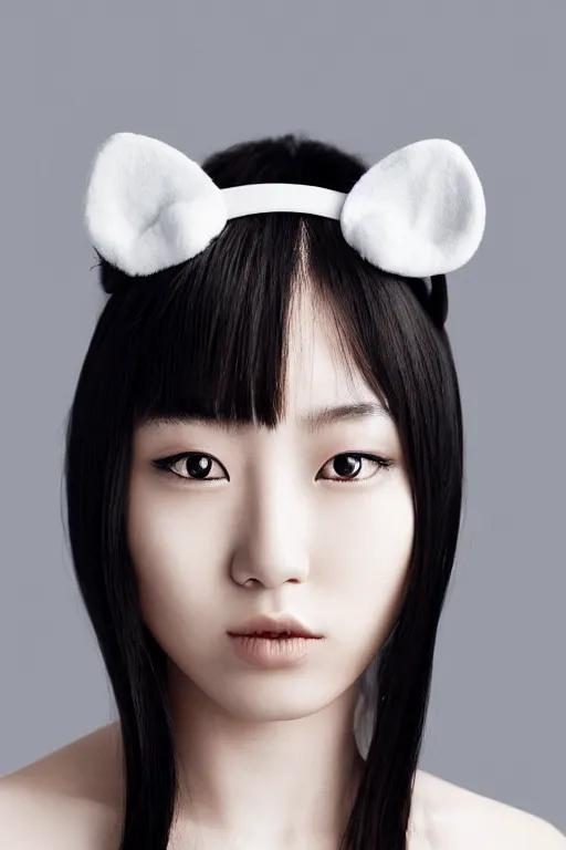Image similar to aesthetic photograph of alluring young Japanese woman with white cat ears, by Nick Knight and jia ruan, headshot, realistic, photorealistic, HD, 4k resolution