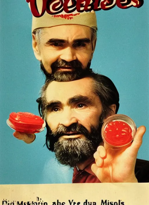 Image similar to vintage jello advertisement depicting charles manson holding a perfection salad