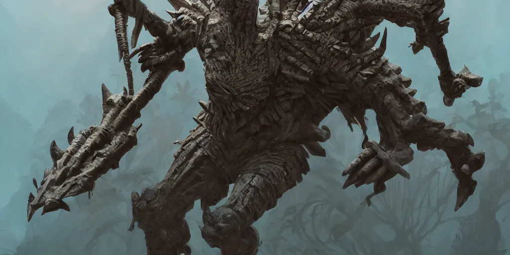 Image similar to Aztec statue colossus creature, character design sheet, Monster Hunter Illustrations art book, giant, trees growing on its body, enormous hands, long limbs, horns on its head, bright pale blue eyes, Moebius, Greg Rutkowski, Zabrocki, Karlkka, Jayison Devadas, Phuoc Quan, trending on Artstation, 8K, ultra wide angle, zenith view, pincushion lens effect.