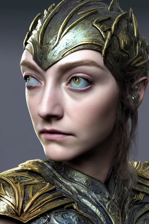 Image similar to A fantasy comic book style portrait painting of, hybrid of Saoirse Ronan, Cory Chase, as an Atlantean, Reptilian Warrior, Mystical Valkyrie, Armor, Sword, Spear, Sheild, François Boucher, Oil Painting, unreal 5, DAZ, hyper realistic, Photorealistic, octane render, Regal, Refined, Coherent, Detailed Digital Art, RPG portrait, William-Adolphe Bouguereau, Michael Cheval, Walt Disney (1937), Steampunk, golden dappled lighting, dynamic lighting, Highly Detailed, Cinematic Lighting, Unreal Engine, 8k, HD