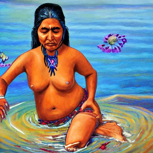 Image similar to full body, highly detailed, native indian woman swimming, painting