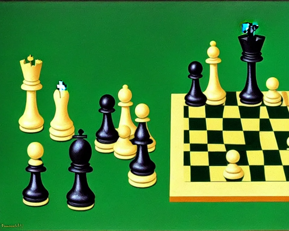 Image similar to a chess set on a green background by raphael, hopper, and rene magritte. detailed, proportional, romantic, enchanting