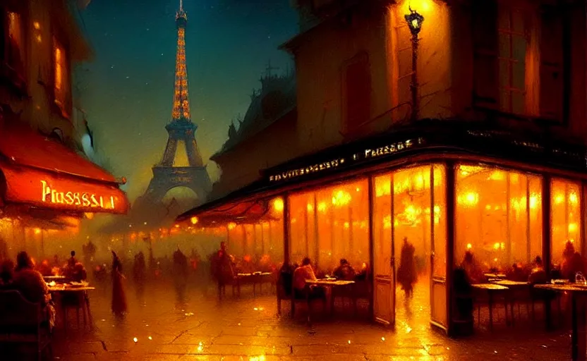 Prompt: parisian restaurant at night, by Greg Rutkowski and Gaston Bussiere, beautiful volumetric-lighting-style atmosphere, futuristic atmosphere, intricate, detailed, photorealistic imagery, artstation, by Evgeny Lushpin