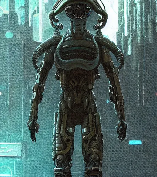 Image similar to alien cyberpunk soldier on earth by jim burns and beeple