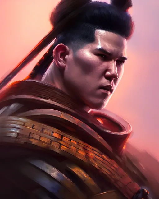 Image similar to face portrait of devin booker as a muscular ronin samurai, wearing a haori, by wlop and peter mohrbacher, dramatic action pose, extremely detailed shading, concept art, digital painting, trending on artstation, unreal engine 5, octane render, atmosphere, glow, cinematic lighting, full of color