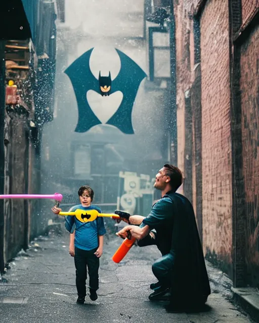 Image similar to happy batman firing super soaker water gun in an alleyway, everyone having fun, toy product advertisement, photography