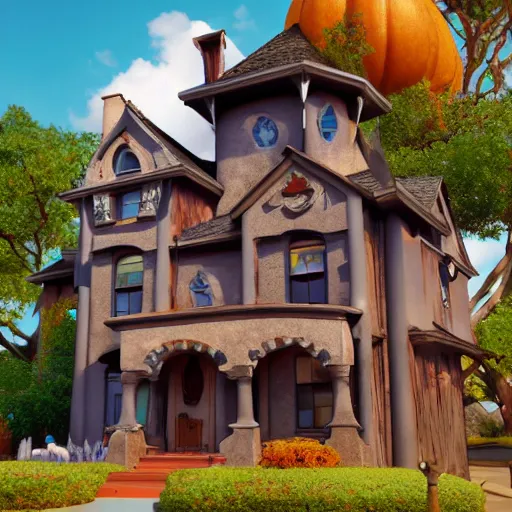 Image similar to disney movie encanto house but its haunted, spooky faces, halloween movie, cartoon pixar style, anime volumetric lighting, 3d model pixar render