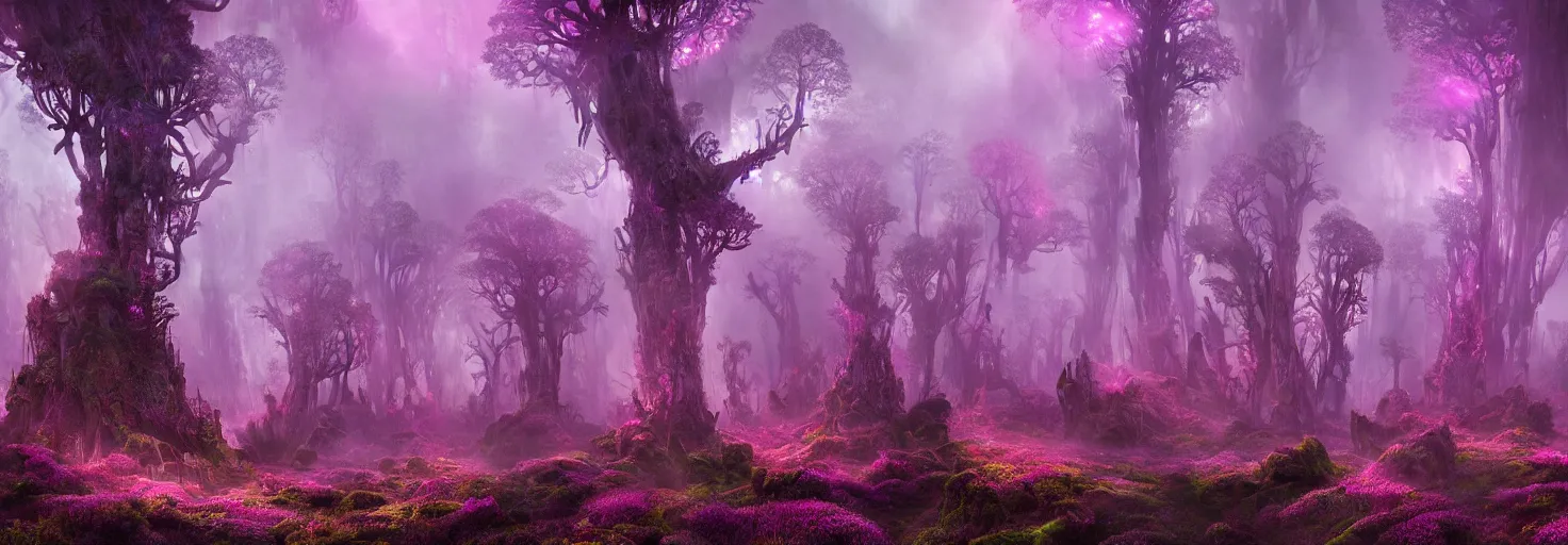 Prompt: dense bismuth fractal fungal forest, megalophobia, silhouettes, pinks and purples, volumetric fog, intricate, highly detailed, concept art, masterpiece, background parallax layer