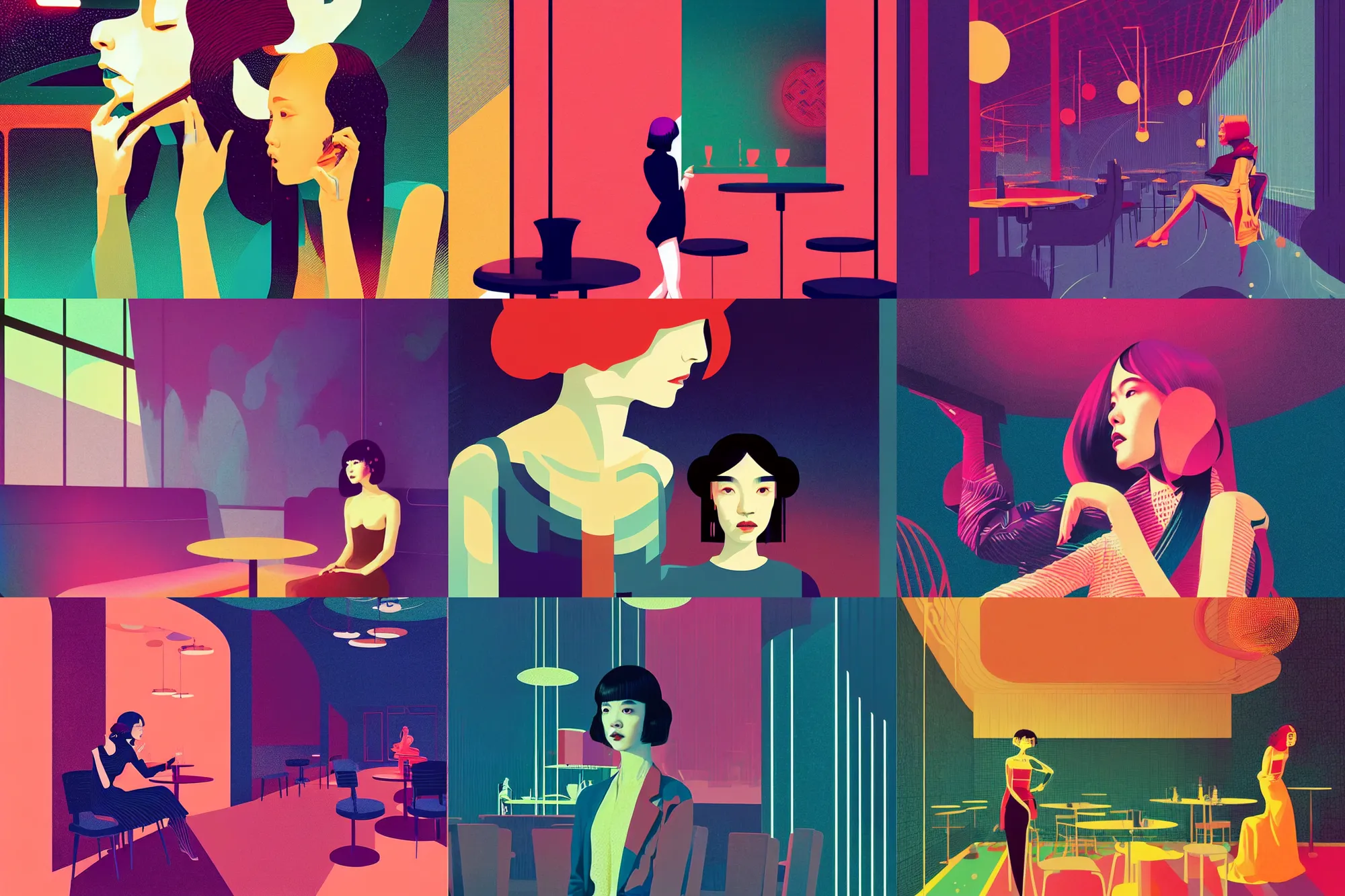 Prompt: ( ( dither ) ), editorial illustration portrait of miona hori posing inside a cafe interior, dynamic pose, modern art deco, colorful, ( ( mads berg ) ), christopher balaskas, victo ngai, rich grainy texture, detailed, dynamic composition, wide angle, matte print