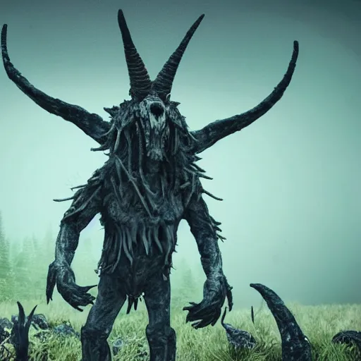 Prompt: tall monster creature with horns standing in front of a big pile of bones in the woods at night, horror, upscaled, ultra detailed, hyper realistic, 8K