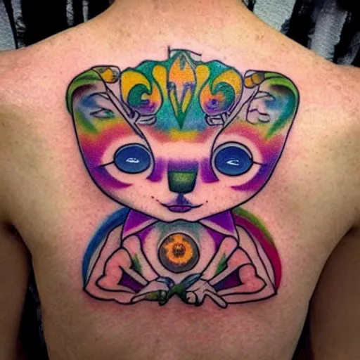 Image similar to shoulder tattoo of a multicolored hallucinating meditaing cute bush baby, eyes are rainbow spirals, happy mood, surrounded with colorful magic mushrooms and rainbow marihuana leaves, insanely integrate