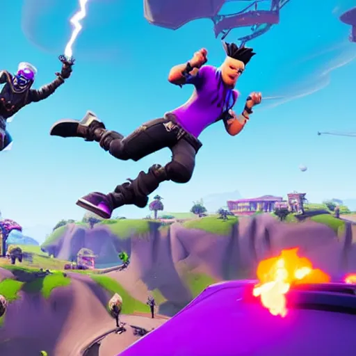 Prompt: Epic photo of fortnite ninja epic Duo Stunt trick with Johnny Blazed jumping 10 fortnite battle buses