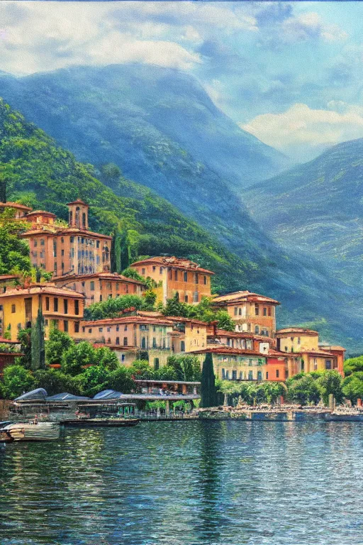 Prompt: Highly detailed oil painting of Lake Como, photorealistic, wide shot, daylight, blue sky, summer, dramatic lighting, award winning, highly detailed, medium format photography, cinestill 800t.