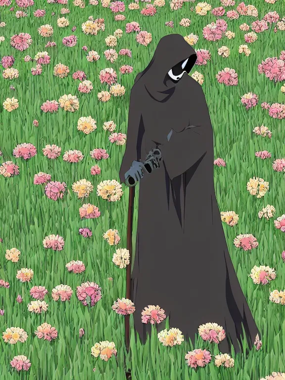 Prompt: grim reaper with no facr in flower field, anime style, high detail, high resolution,