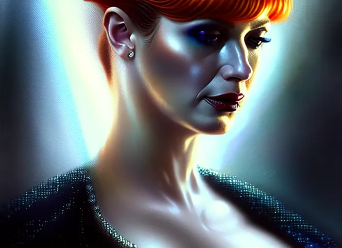 Image similar to portrait shot of christina hendricks in bladerunner wearing a cyberpunk costume, frontal view, intricate, elegant, highly detailed, centered, digital painting, artstation, concept art, smooth, sharp focus, illustration, artgerm, tomasz alen kopera, peter mohrbacher, donato giancola, joseph christian leyendecker, wlop, boris vallejo