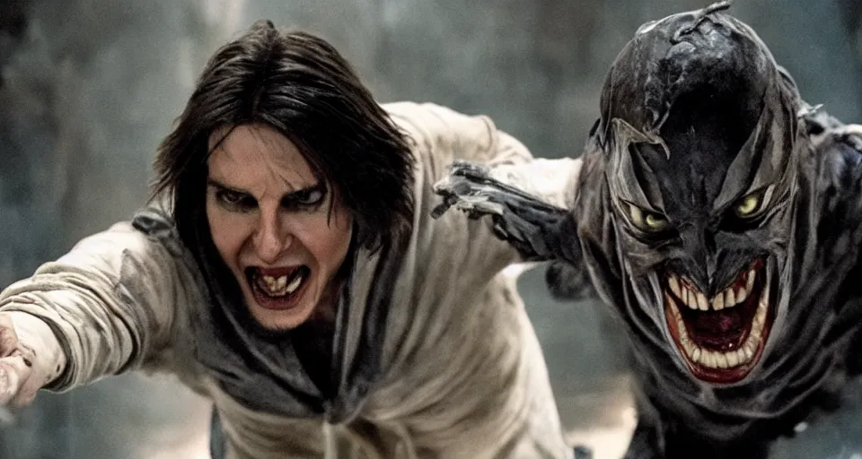 Image similar to tom cruise as the mummy fighting jared leto as morbius, film still