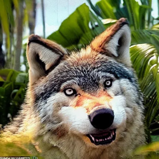 Image similar to an adorable but fierce chubby wolf with rabbit ears, Smiling at the camera with a mischievous grin, at a tropical beach