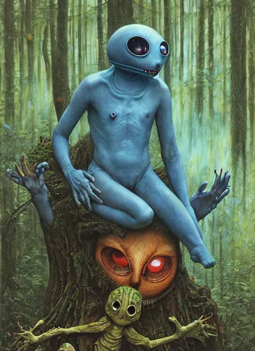 Image similar to cuddly friendly alien in the woods by a river gorgeous lighting, lush forest foliage blue sky a hyper realistic painting by chiara bautista and beksinski and norman rockwell and greg rutkowski, tom bagshaw weta studio, and lucasfilm