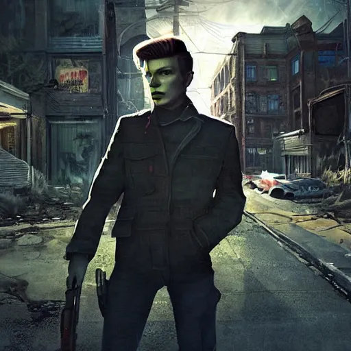 Prompt: fallout 5, charismatic david bowie, portrait, outdoors ruined cityscape, atmospheric lighting, painted, intricate, volumetric lighting, beautiful, daytime, sunny weather, slight overcast, sharp focus, deep colours, ultra detailed, by leesha hannigan, ross tran, thierry doizon, kai carpenter, ignacio fernandez rios