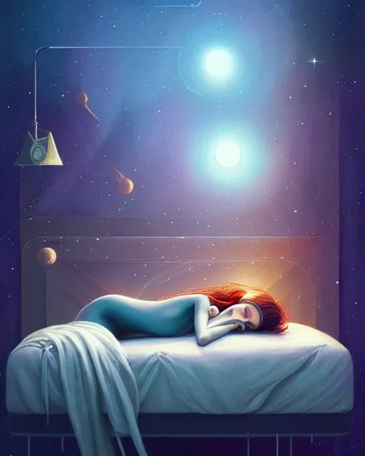 Image similar to beautiful painting of a elven sleeping on her bed, poster art by mor than, cgsociety, space art, sci - fi, cosmic horror, sense of awe, art by mike winkelmann, sky night, illustration, highly detailed, simple, smooth and clean vector curves, no jagged lines, vector art, smooth, artstation