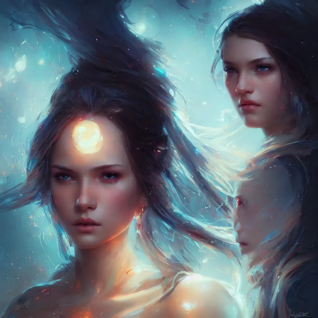 Image similar to beautiful girl portrait by greg rutkowski and charlie bowater, vivid, artgerm, aesthetic, fine details, colorful swirls, gaudy colors, luminescent, organic matte painting, realistic eyes, masterpiece, busy background, bokeh, depth of field