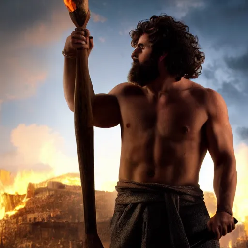 Image similar to Absolutely gorgeous greek god of smithing holding the hammer of creating setting the city of the gods on fire, cinematic lighting, high quality 8k hd, oil on canvas, hyperralistic art