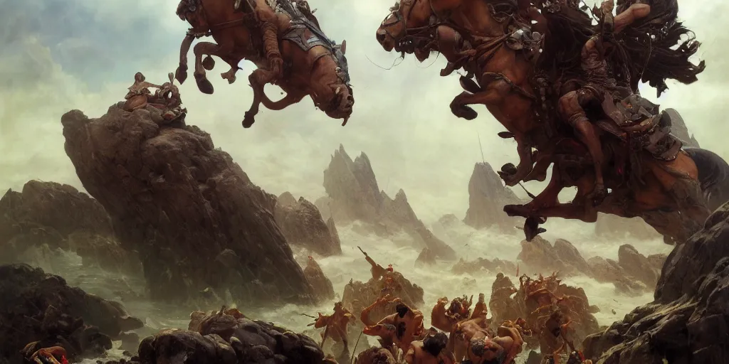 Image similar to barbarians, norse gods, fighting epic battle on rocks floating in the sky, celestial fortress in the clouds, thunder, good composition, artstation, 4 k illustration sharp focus cloceup sunlit painted by ruan jia raymond swanland lawrence alma tadema zdzislaw beksinski norman rockwell tom lovell alex malveda greg staples