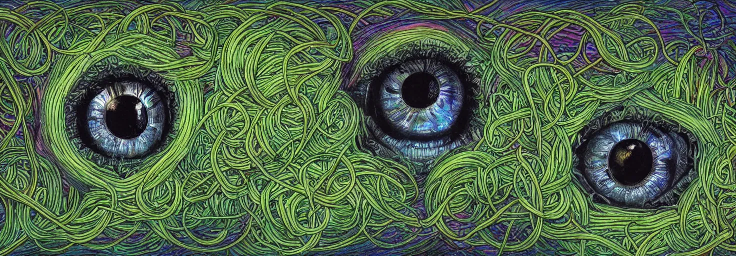 Image similar to many large beautiful eyeballs inside of extremely thick iridescent vines intertwined, central composition, high saturation, epic lighting, in the style of Peter gric and Amanda Sage 8k