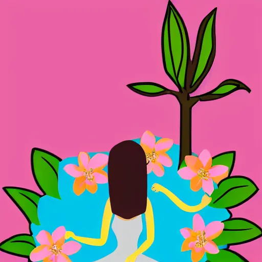 Image similar to a woman sitting on top of a giant flower, flat design, flat colors