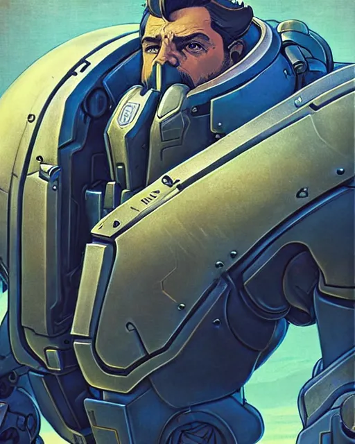 Image similar to reinhardt from overwatch, character portrait, portrait, close up, concept art, intricate details, highly detailed, vintage sci - fi poster, retro future, in the style of chris foss, rodger dean, moebius, michael whelan, and gustave dore