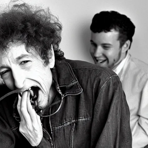 Image similar to bob dylan eating worms, grinning like a child, photograph