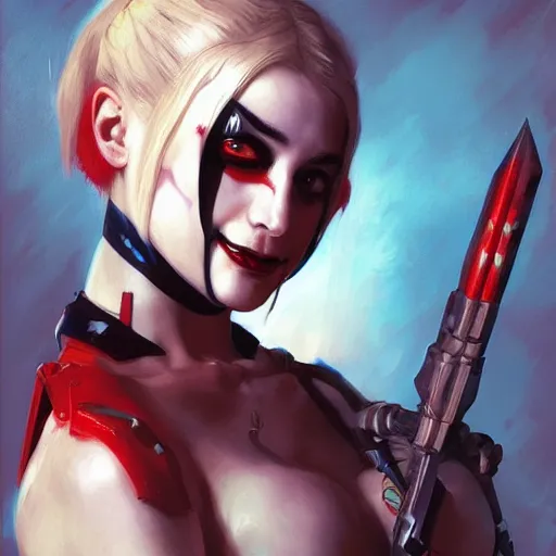 Image similar to portrait of Harley Quinn in bikini armor, dc comics, cyberpunk, Warhammer 40000, dark fantasy, digital art from artstation by Ruan Jia and Mandy Jurgens and Artgerm and william-adolphe bouguereau