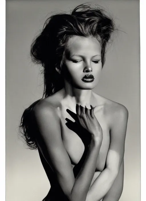 Image similar to half - length portrait of cute model black dressed, fine art portrait photography by richard avedon