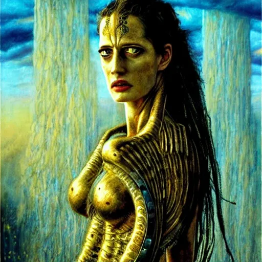 Image similar to eva green as warrior queen, atmospheric lighting, painted, intricate, golden and blue hour, ultra detailed by peter gric, giger, enki bilal