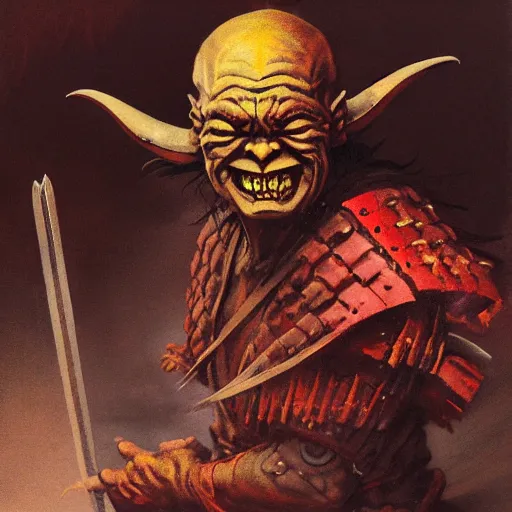 Image similar to quarter length portrait of a samurai hobgoblin, d & d, fantasy, greg rutkowski, frank frazetta, alexandre chaudret, boris vallejo, michael whelan, miro petrov, hr giger, magali villeneuve, donato giancola