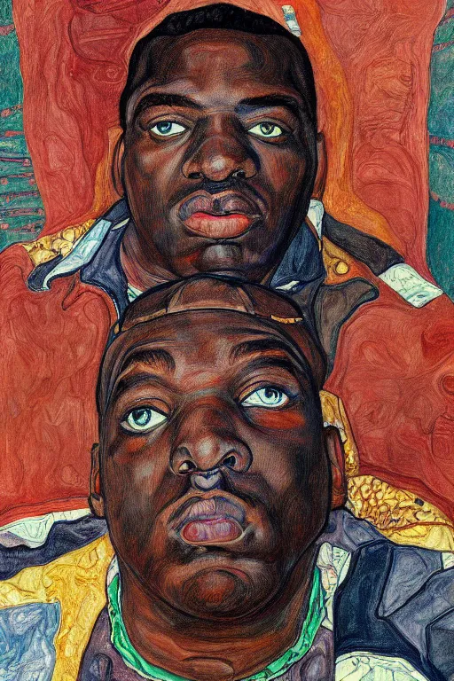 Image similar to a wonderful portrait of biggie small in style of egon schiele, masterpiece, hyperdetailed, complex, intricate, 4 k, trending on artstation