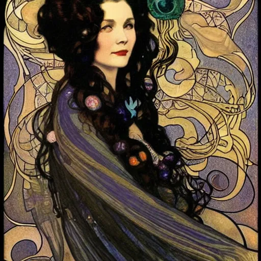 Prompt: vivien leigh with a spiraling nebula for hair beautiful detailed romantic art nouveau face portrait by alphonse mucha and gustav klimt, hauntingly beautiful refined moody dreamscape