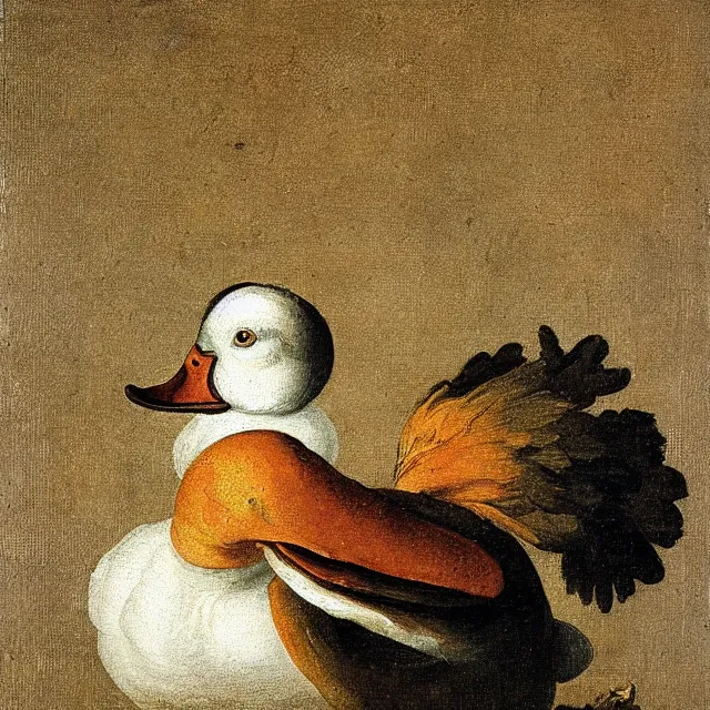 Image similar to baroque dutch painting from 1 6 7 0 of a duck holding a trangle