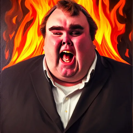 Image similar to portrait of john candy crying in the metaverse, fire and pain, oil on canvas by william sydney mount, trending on artstation